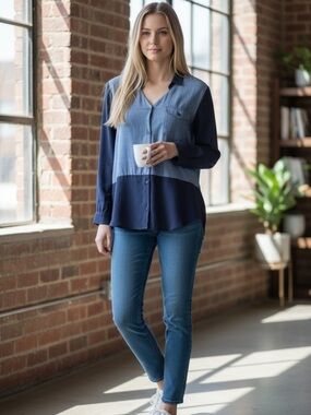 The Kooples Sport Woman’s Sz S Blue Denim & Semi Sheer Color Block Top